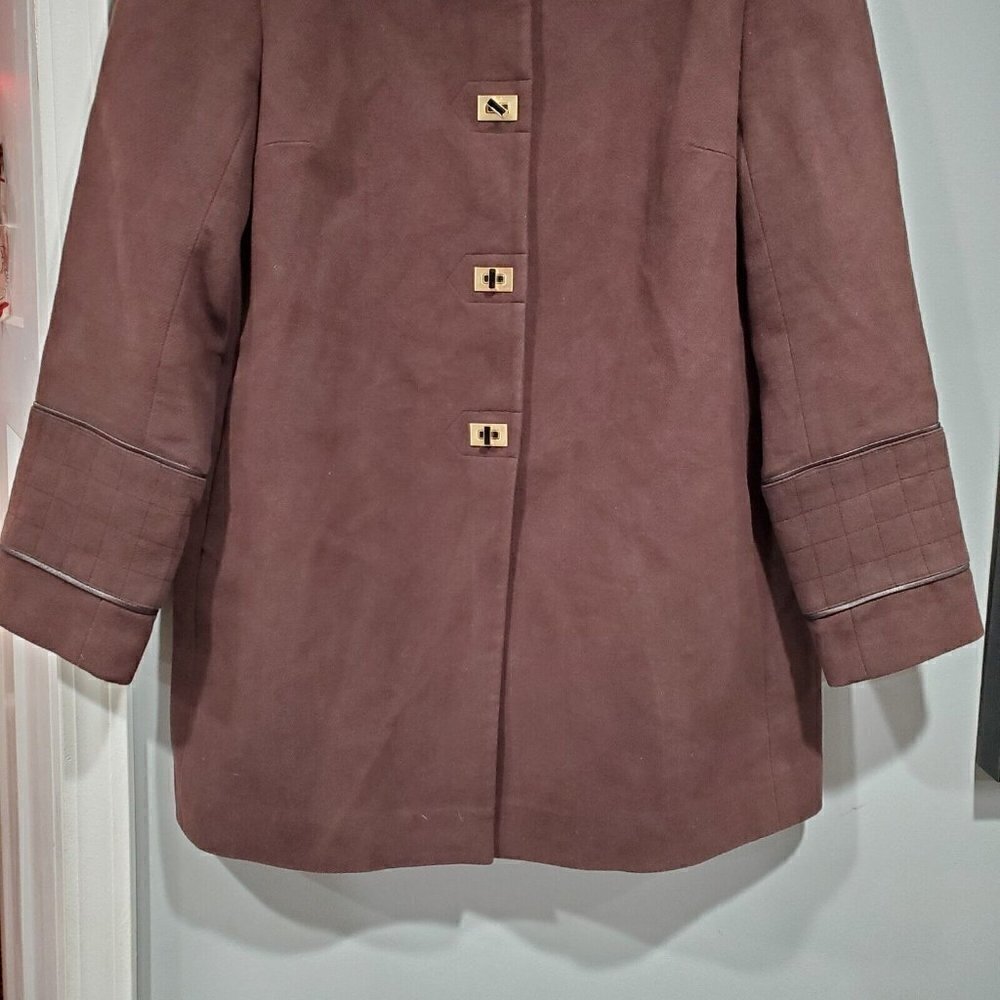 Etcetera Women's Brown Cotton Black Leather Trim Jacket Turnlock Closure Size 14 - Picture 3 of 14